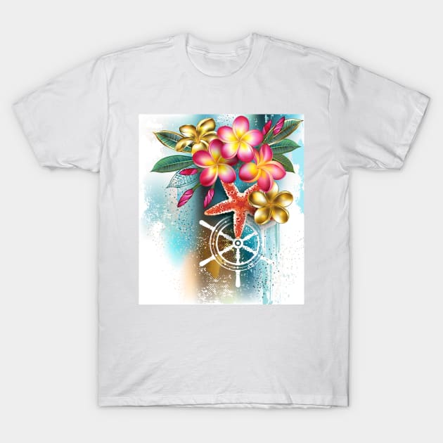 Plumeria flowers on blue background T-Shirt by Blackmoon9